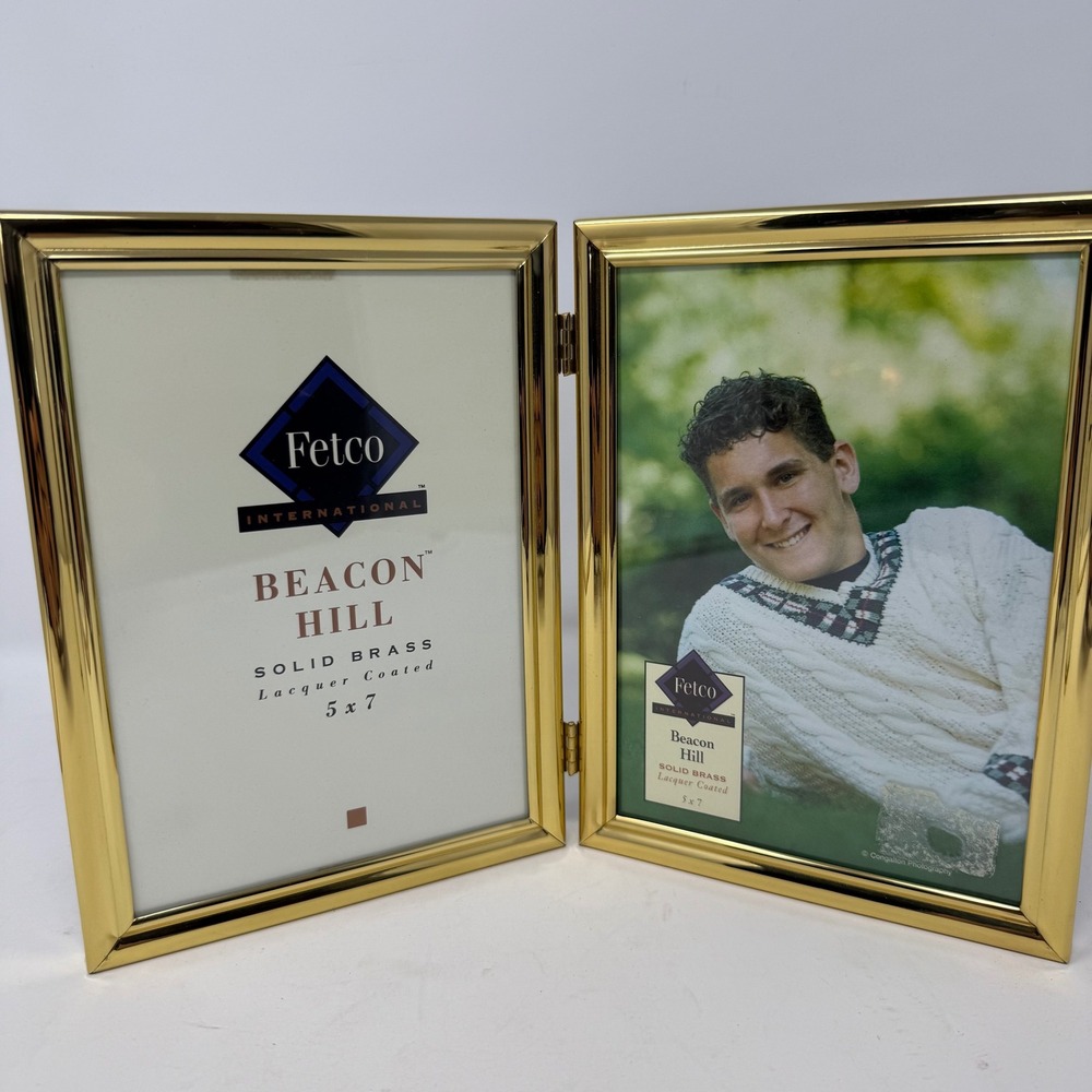 Fetco Beacon Hill Solid Brass Double Picture Frame 5x7 Lacquer Coated Gold